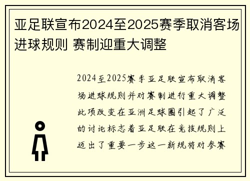 亚足联宣布2024至2025赛季取消客场进球规则 赛制迎重大调整